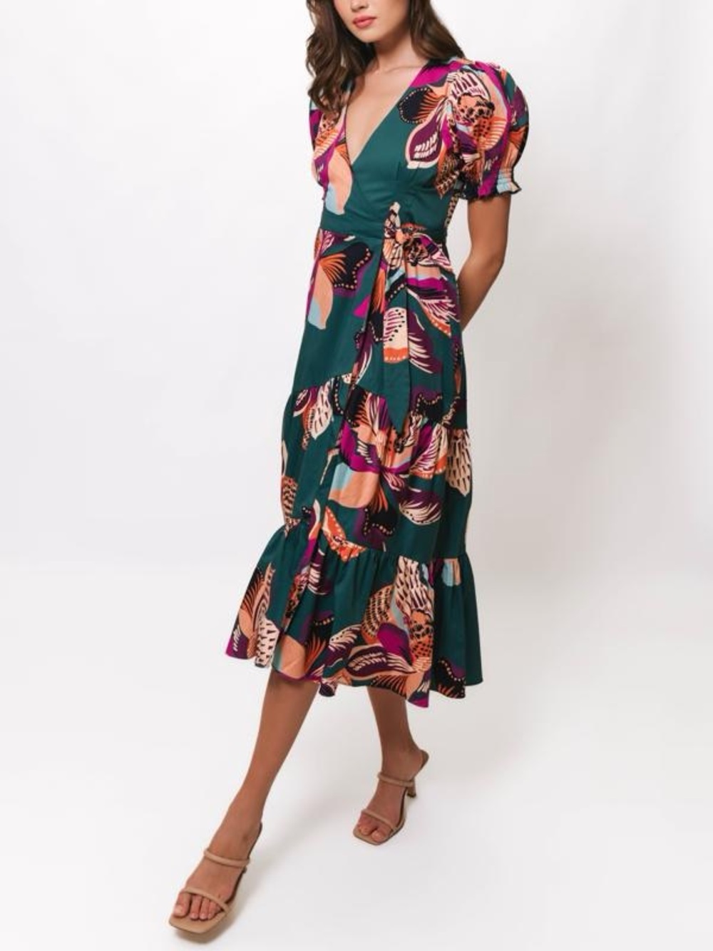 Hutch Green Floral Midi Dress with Orange and Purple Accents. Nwt. Sz M